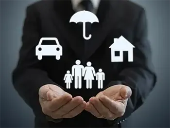 hands together with icons of car, house, family, umbrella